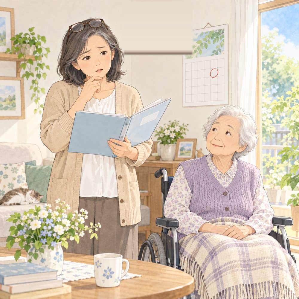退院の日が決まった書類を手に、母をどうやって病院まで連れて行こうか考える娘。母は車いすに座って窓辺にいる